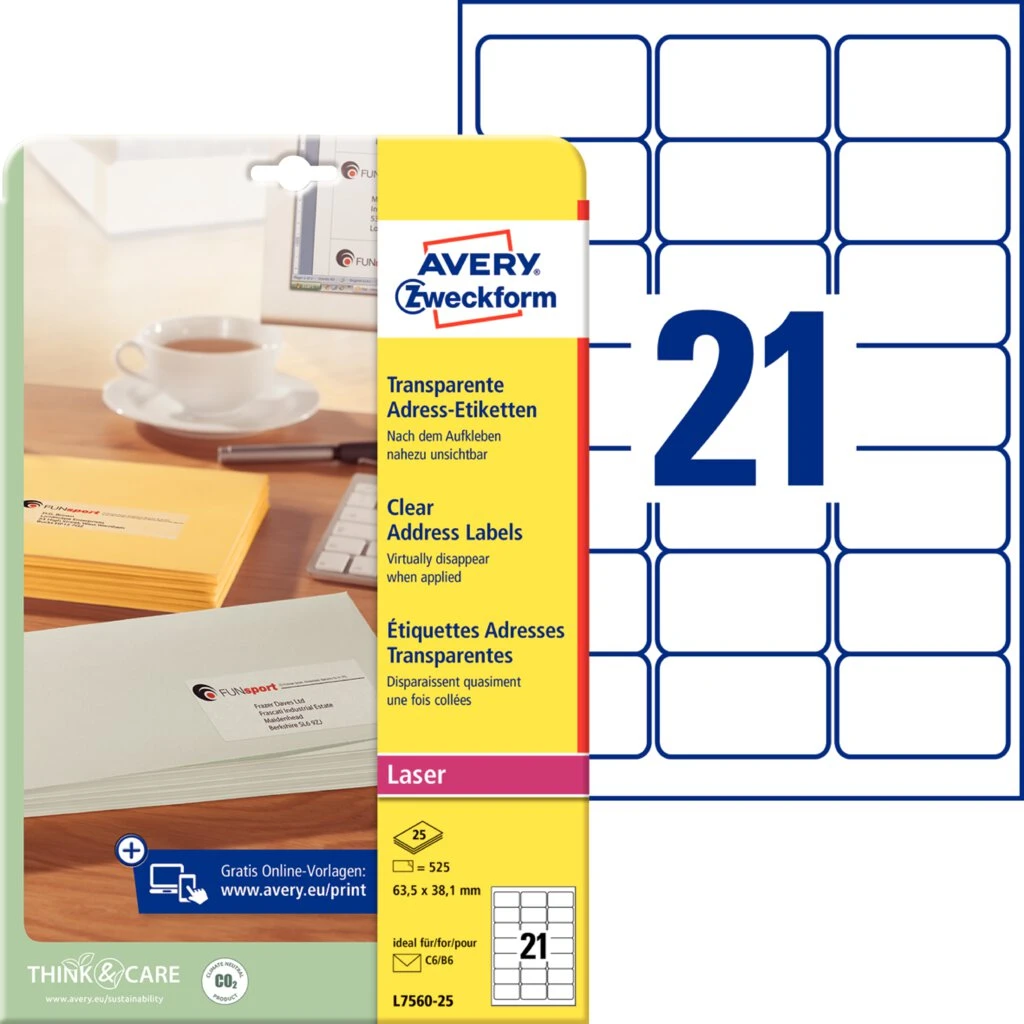 AVERY Zweckform Transparente Adress-Etiketten, 63,5 x 38,1mm (EAN: 4004182235348)