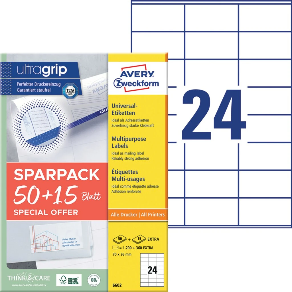 AVERY Zweckform Universal-Etiketten, 70 x 36 mm, 50 + 15 Bl. (EAN: 4004182066027)