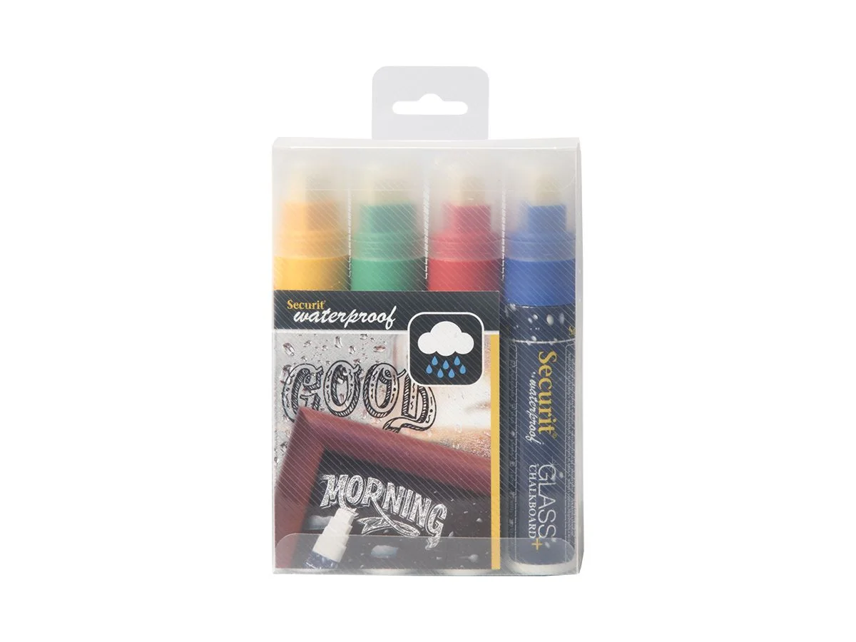 Securit Kreidemarker WATERPROOF LARGE, 4er Etui, blau, rot, grün und gelb (EAN: 8719075281109)