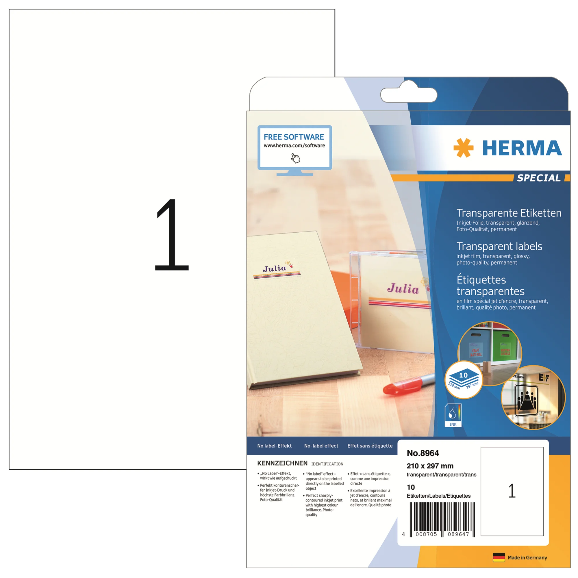 HERMA Inkjet-Etiketten, 210 x 297 mm, transparent (EAN: 4008705089647)