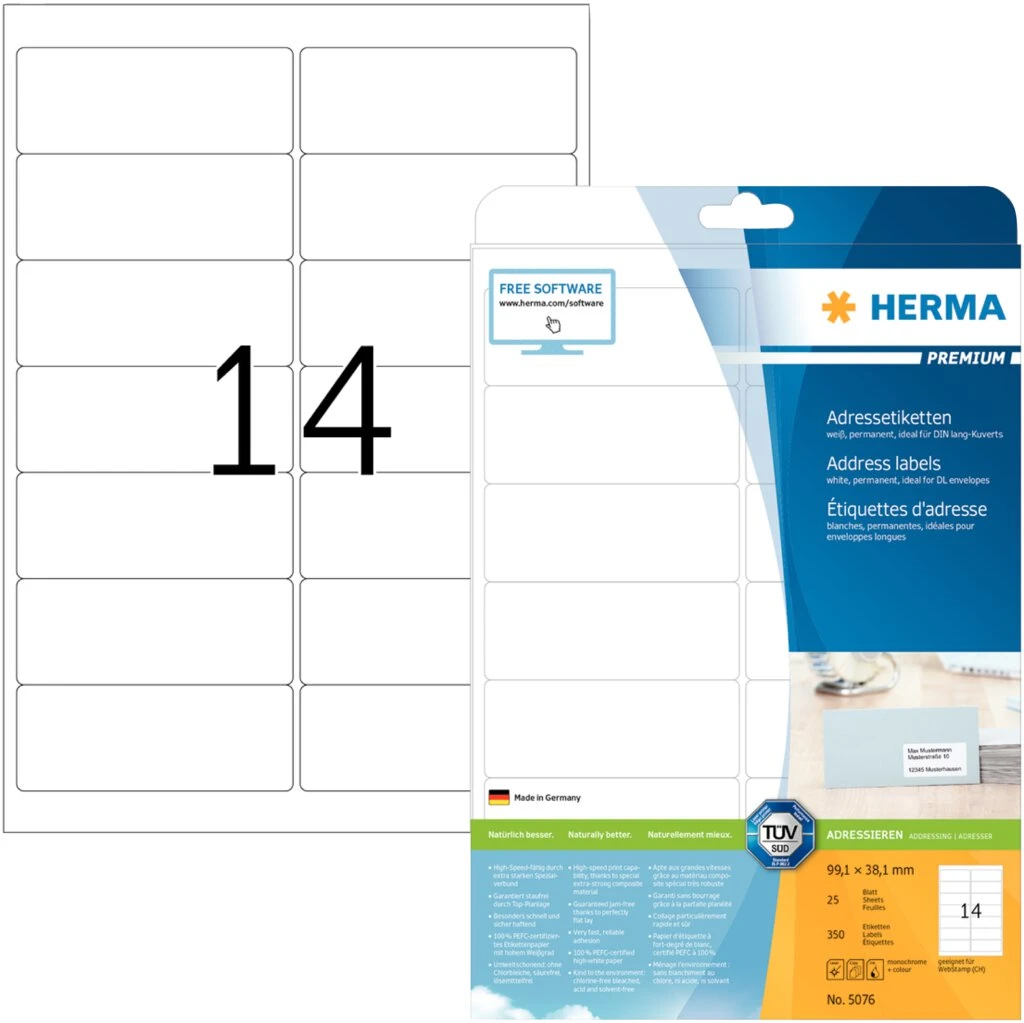 HERMA Universal-Etiketten PREMIUM, 99,1 x 38,1 mm, weiß (EAN: 4008705050760)