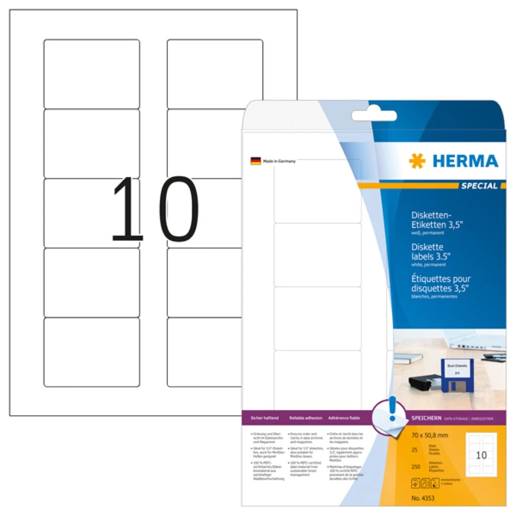 HERMA Disketten-Etiketten 3,5" SPECIAL, 70 x 50,8 mm, weiß (EAN: 4008705043533)