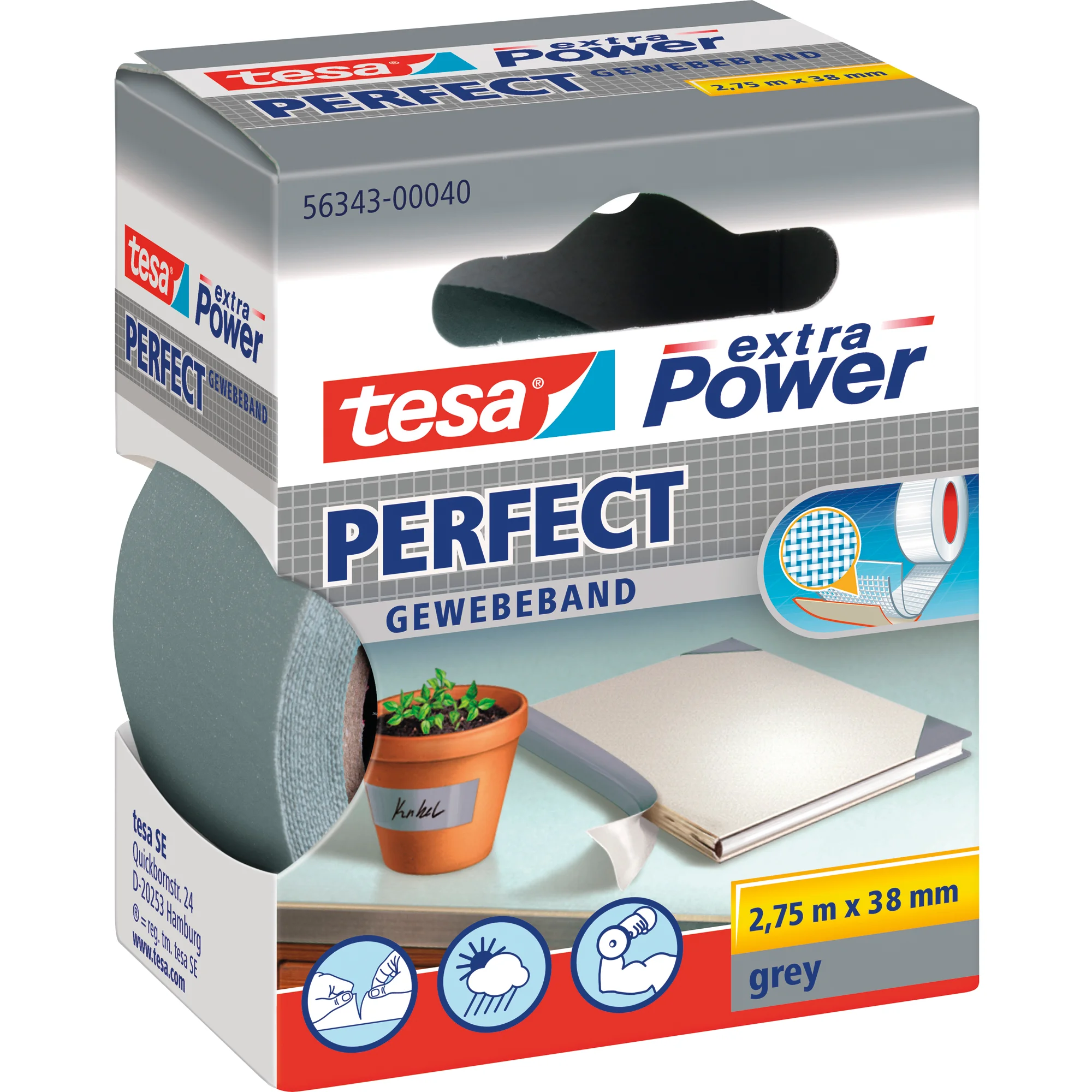 tesa Gewebeband extra Power PERFECT, 38 mm x 2,75 m, grau (EAN: 4042448044273)