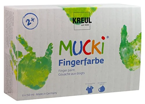 KREUL Fingerfarbe "MUCKI", 150 ml, 6er-Set, gelb, rot, blau, grün, weiß, schwarz (EAN: 4000798231606)