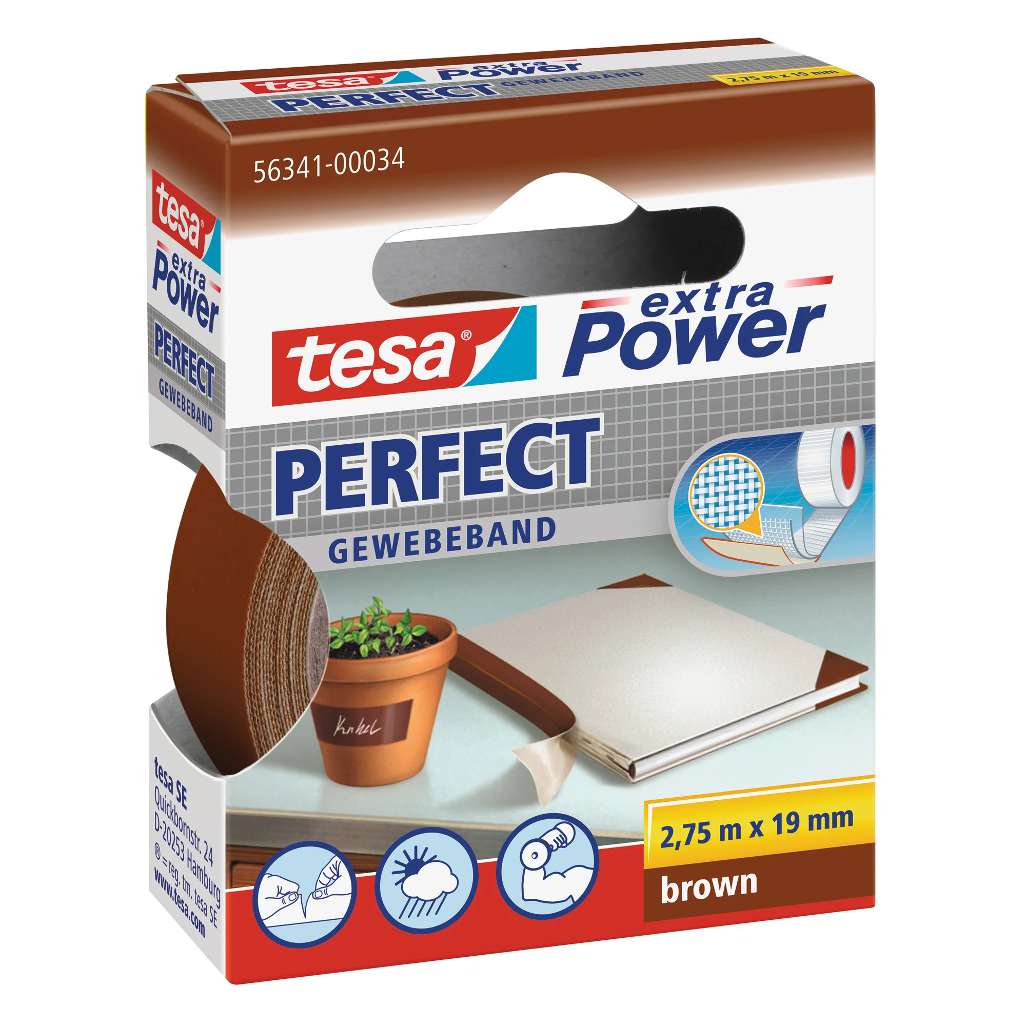 tesa Gewebeband extra Power PERFECT, 19 mm x 2,75 m, braun (EAN: 4042448044136)