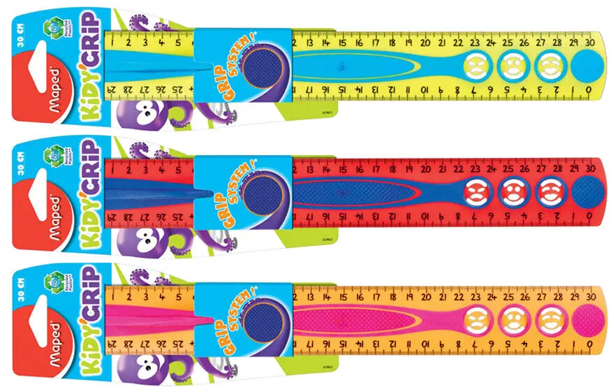 Maped Flachlineal Kidy Grip, 300 mm, aus Kunststoff, grün/blau, orange/pink und rot/blau (EAN: 3154142786104)