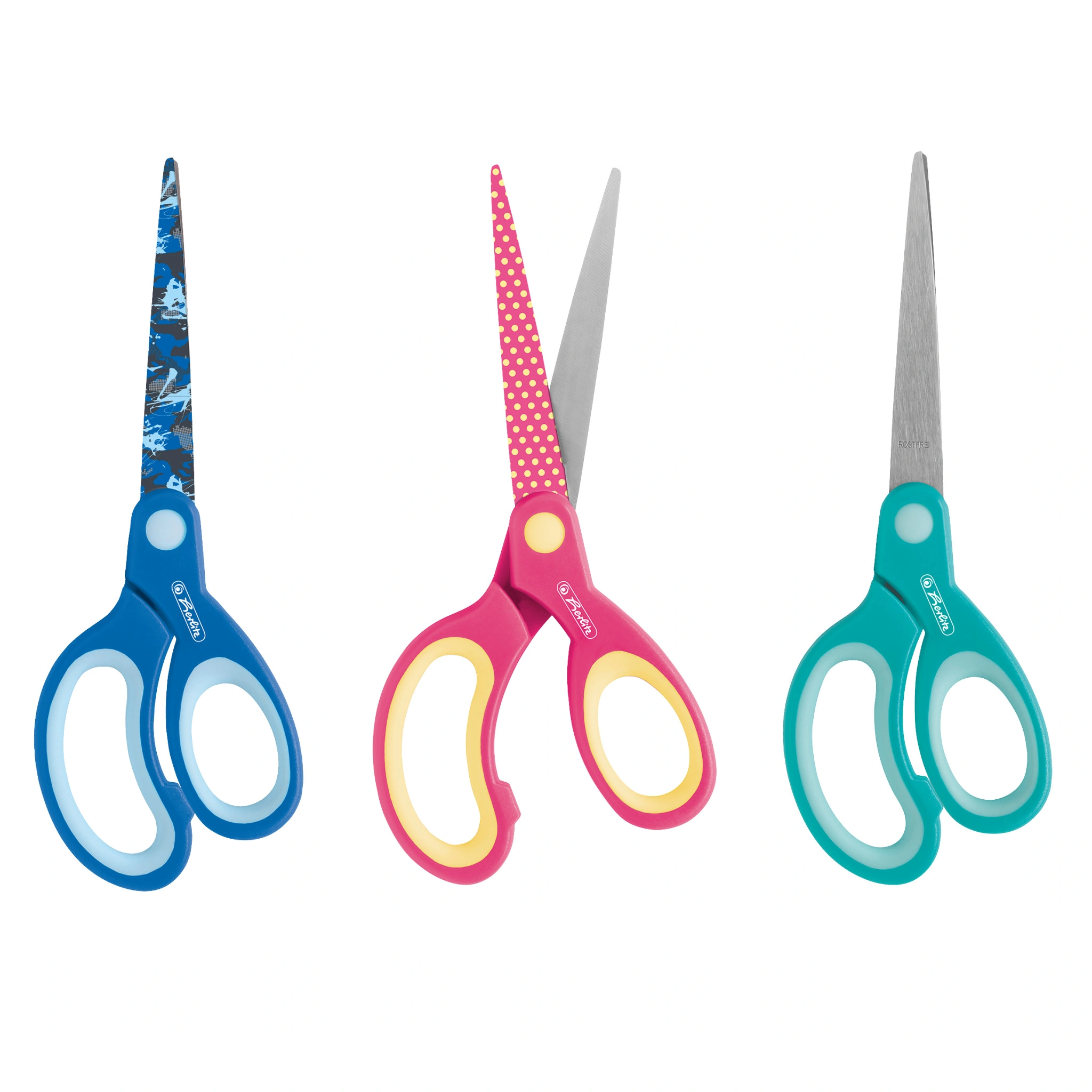 herlitz Bastelschere Design, spitz, Länge: 172 mm, rosa/pink, dunkelblau/grün, blau/orange (EAN: 4008110299532)