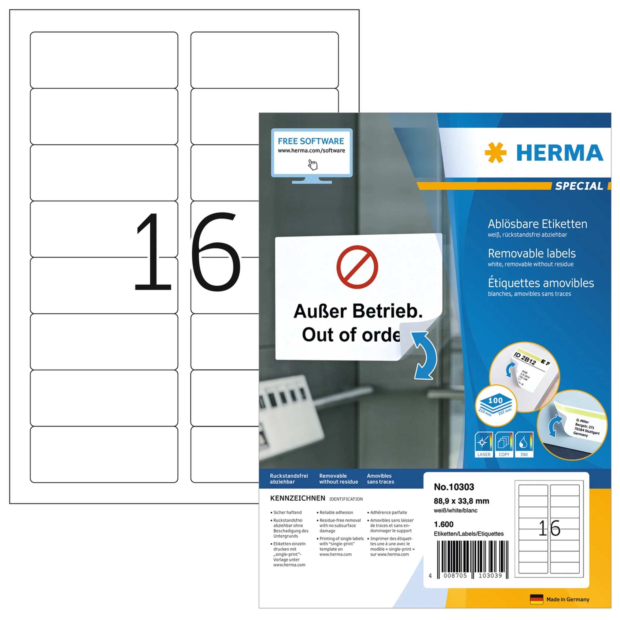 HERMA Universal-Etiketten SPECIAL, 88,9 x 33,8 mm, weiß (EAN: 4008705103039)