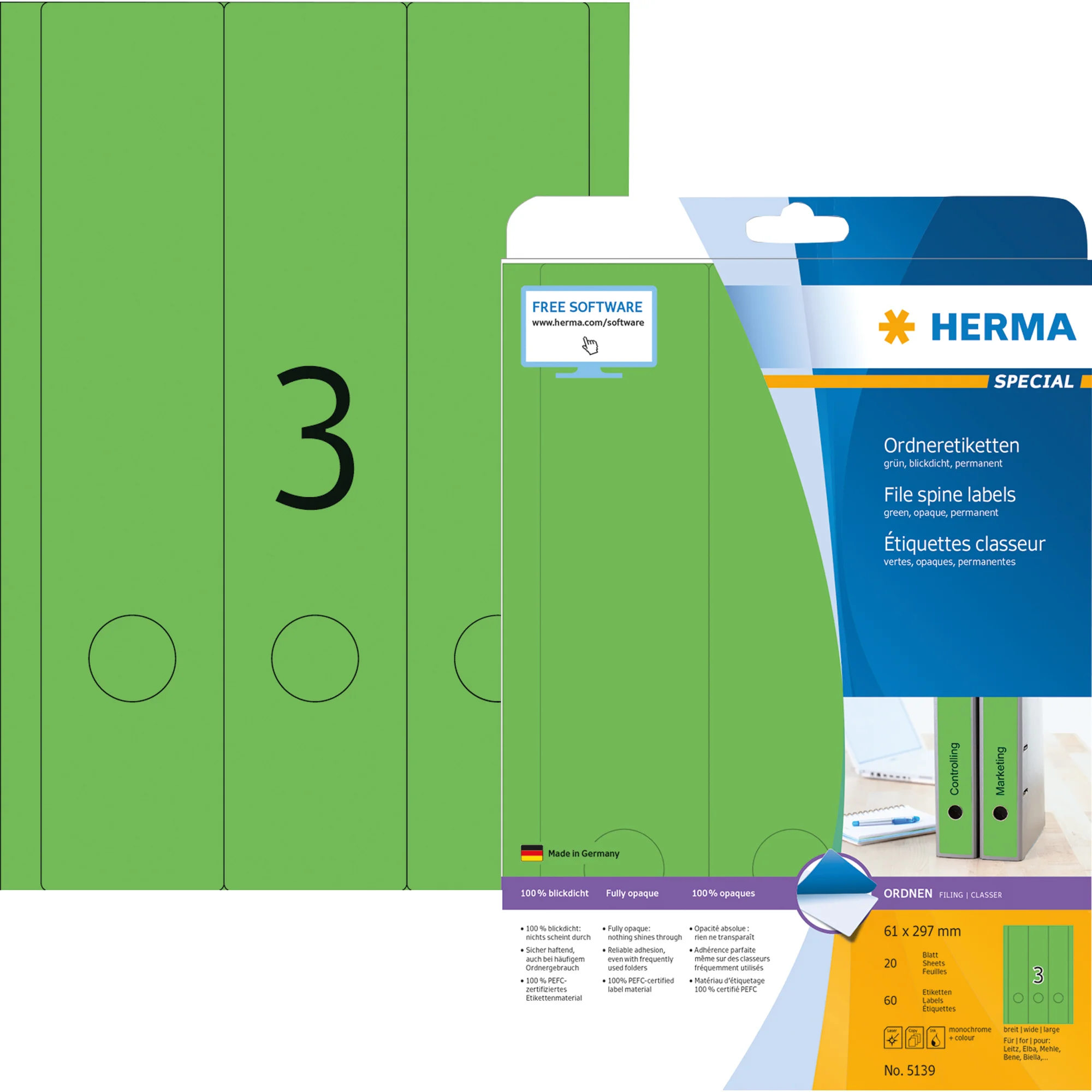 HERMA Ordnerrücken-Etiketten SPECIAL, 61 x 297 mm, grün (EAN: 4008705051392)