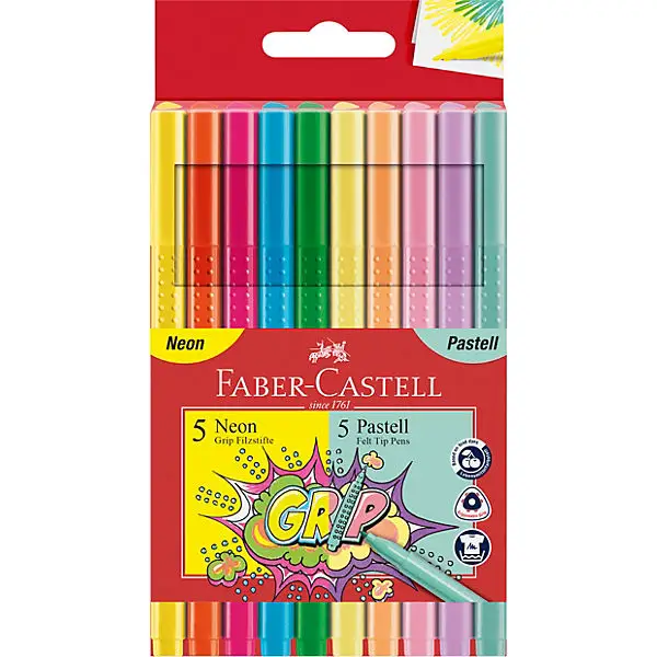 FABER-CASTELL Fasermaler GRIP Neon + Pastell, 10er Etui (EAN: 4005401553120)
