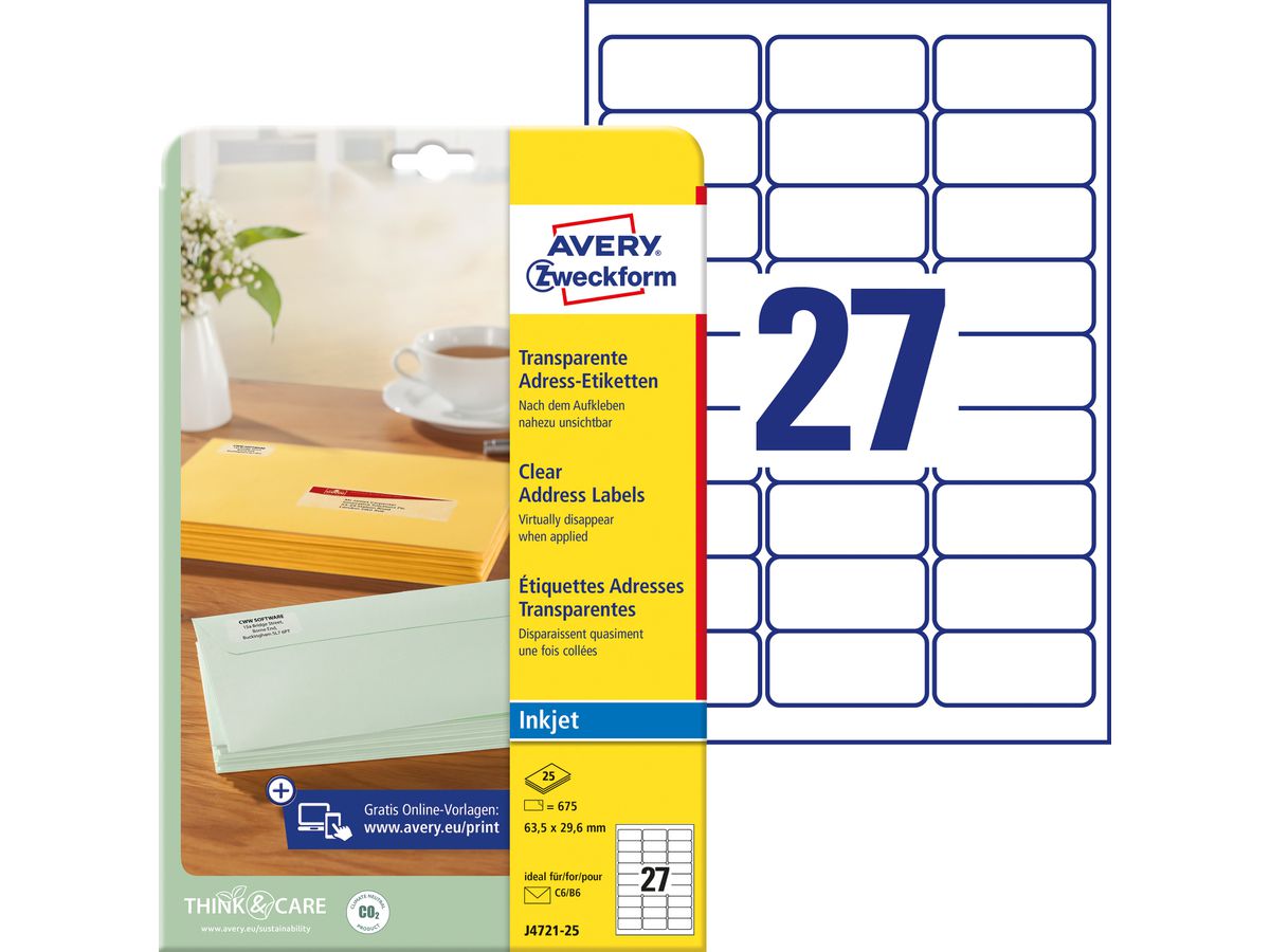 AVERY Zweckform Transparente Adress-Etiketten, 63,5 x 29,6mm (EAN: 4004182047217)
