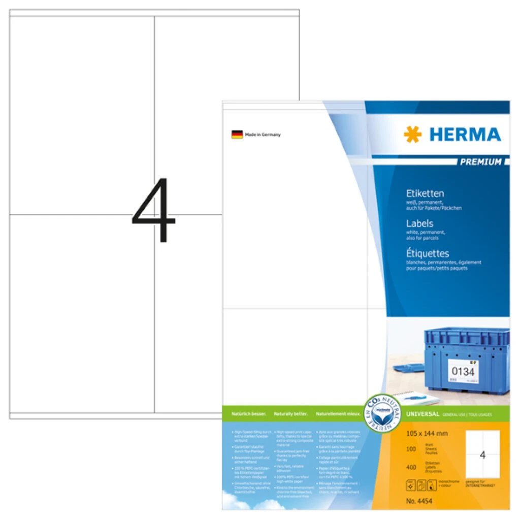 HERMA Universal-Etiketten PREMIUM, 105 x 144 mm, weiß (EAN: 4008705044547)