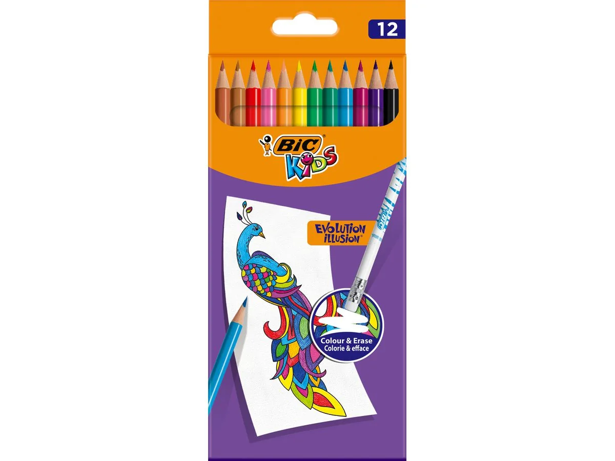 BIC KIDS Buntstift EVOLUTION ILLUSION, radierbar, 12er Etui, farbig sortiert (EAN: 3086123570894)