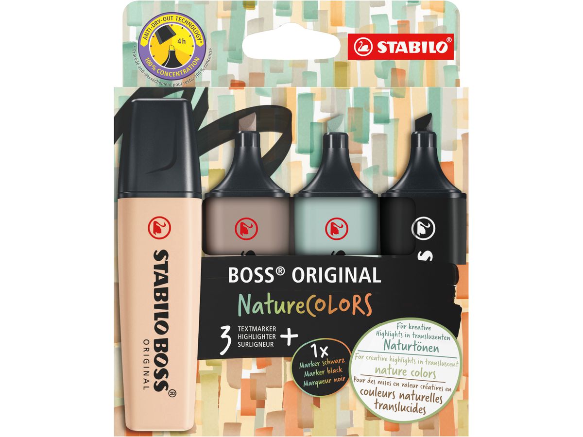 STABILO Textmarker BOSS ORIGINAL NatureCOLORS, 4er Etui (EAN: 4006381603133)