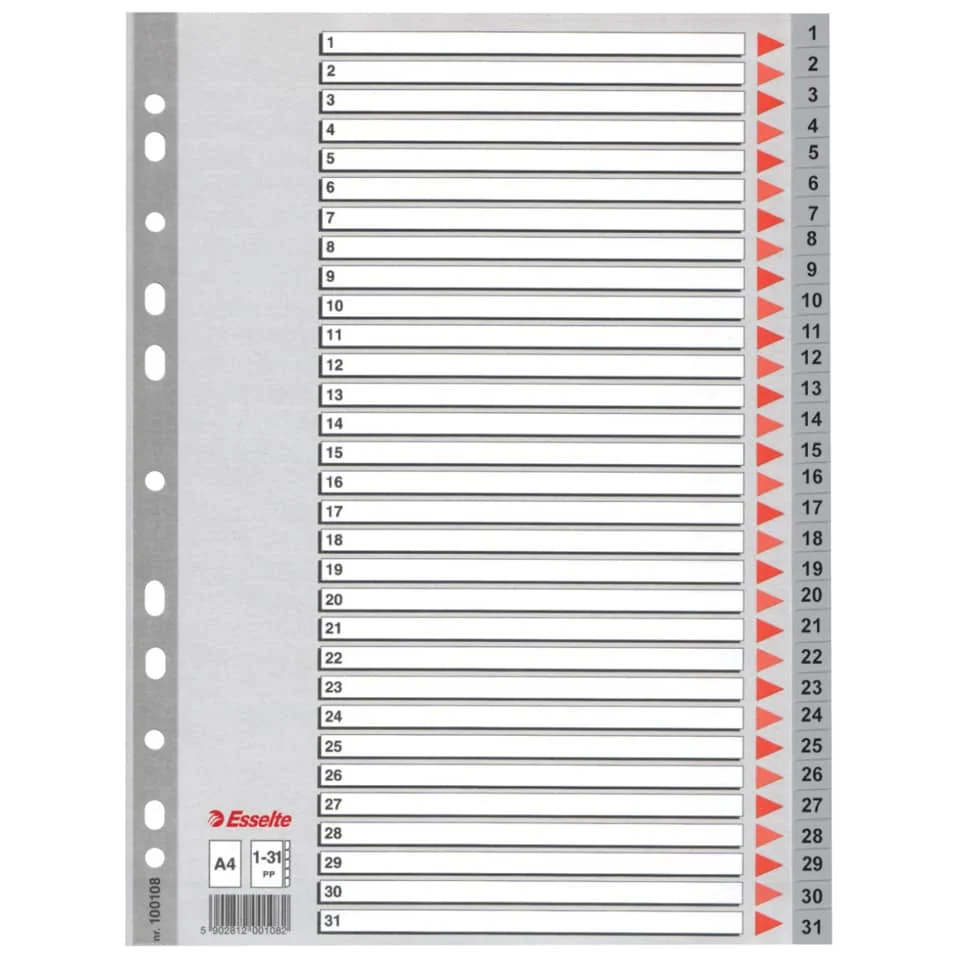 Esselte Kunststoff-Register, Zahlen, A4, 1-31, grau (EAN: 5902812001082)