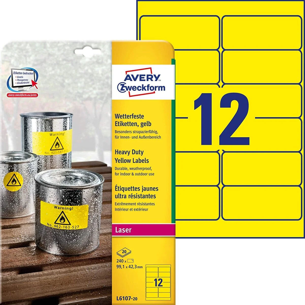 AVERY Zweckform Folien-Etiketten, 99,1 x 42,3 mm, gelb (EAN: 4004182061077)