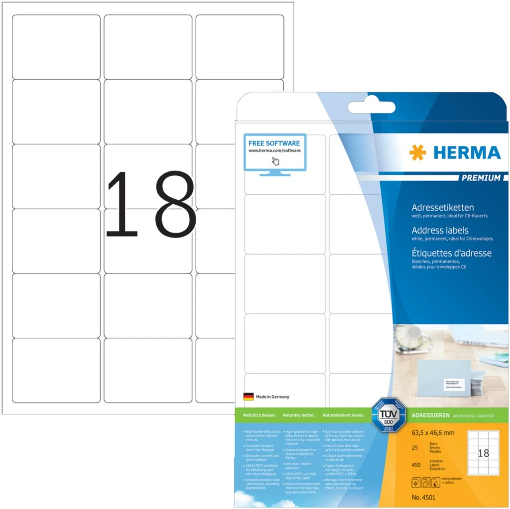 HERMA Universal-Etiketten PREMIUM, 63,5 x 46,6 mm, weiß (EAN: 4008705045018)