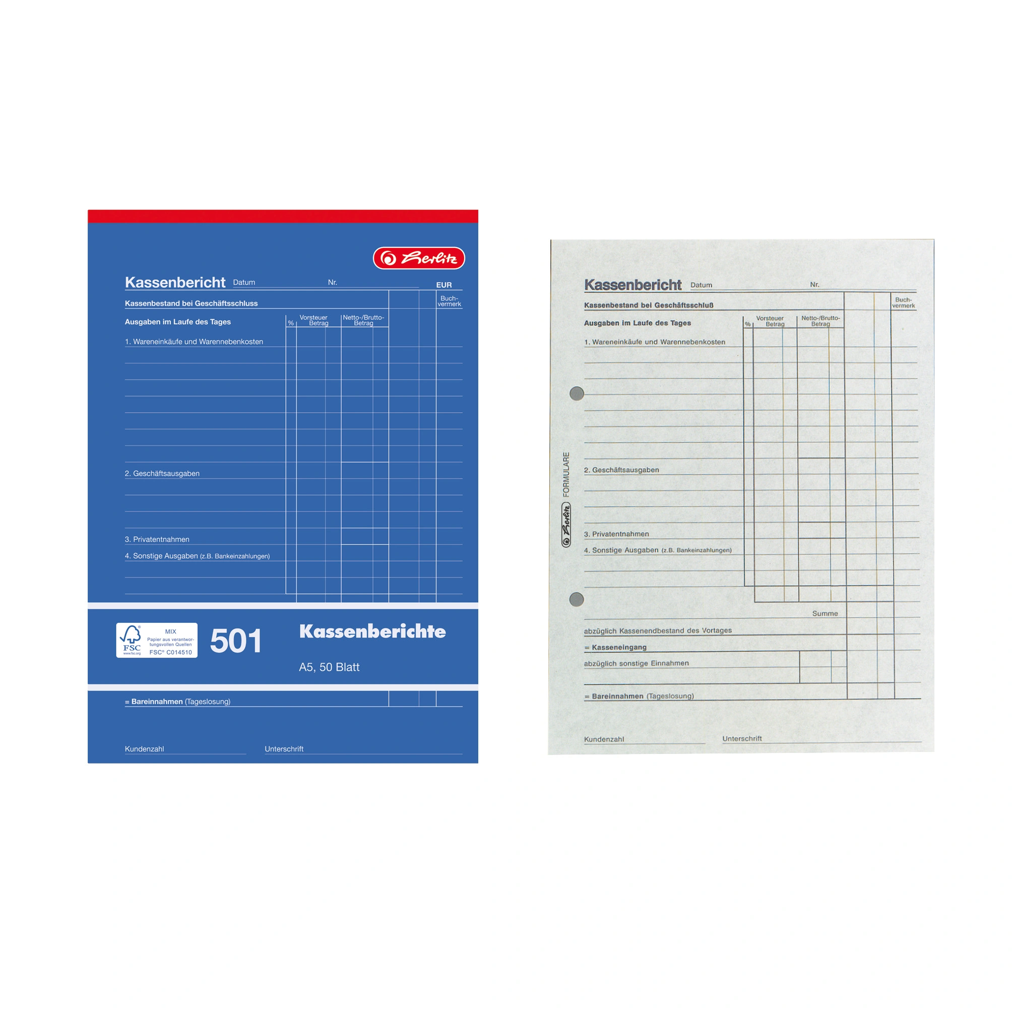herlitz Formularbuch "Kassenbericht 501" DIN A5, 50 Blatt (EAN: 4008110882512)