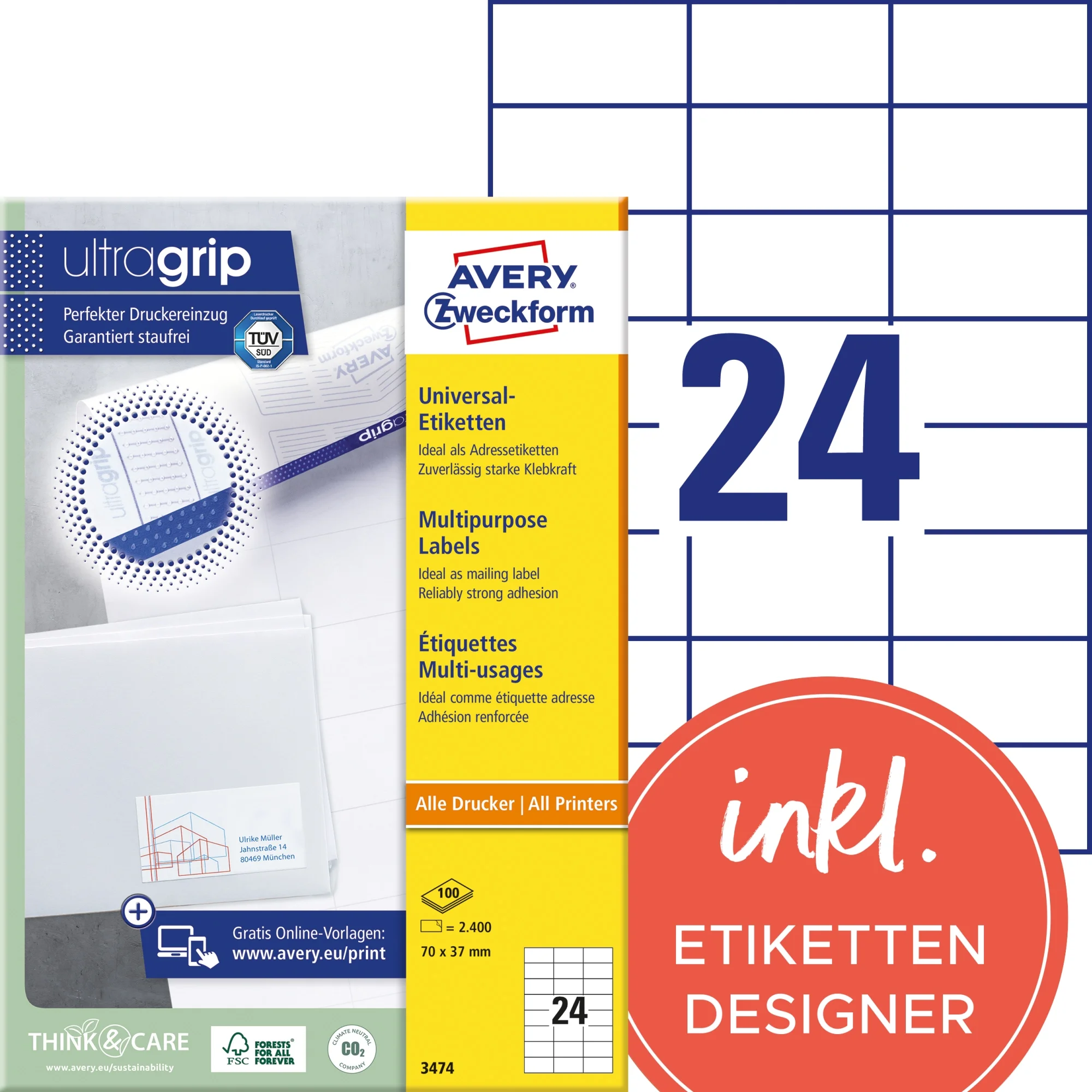 AVERY Zweckform Universal-Etiketten, 70 x 37 mm, weiß (EAN: 4004182034743)