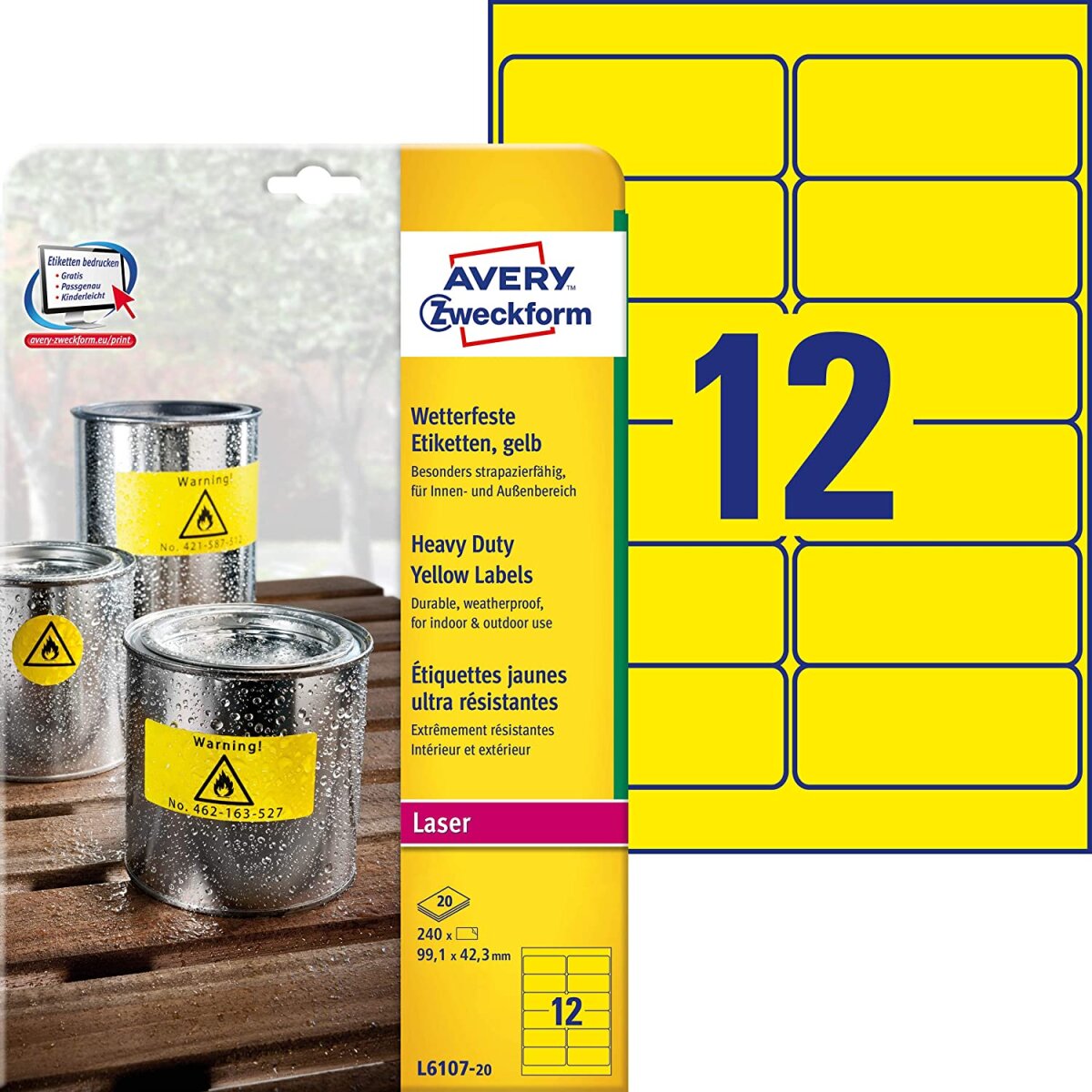 AVERY Zweckform Folien-Etiketten, 99,1 x 42,3 mm, gelb (EAN: 4004182061077)