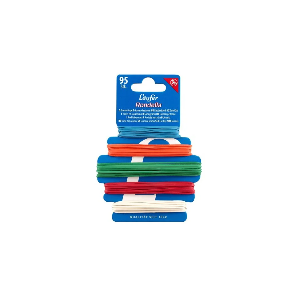 Läufer Gummiringkarte RONDELLA, Farben/Größen sortiert, weiß, rot, grün, orange und blau (EAN: 4006677692100)