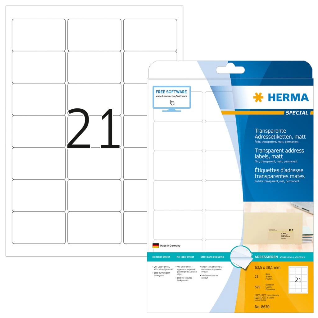 HERMA Transparente Folien-Etiketten SPECIAL, 63,5 x 38,1 mm (EAN: 4008705086707)
