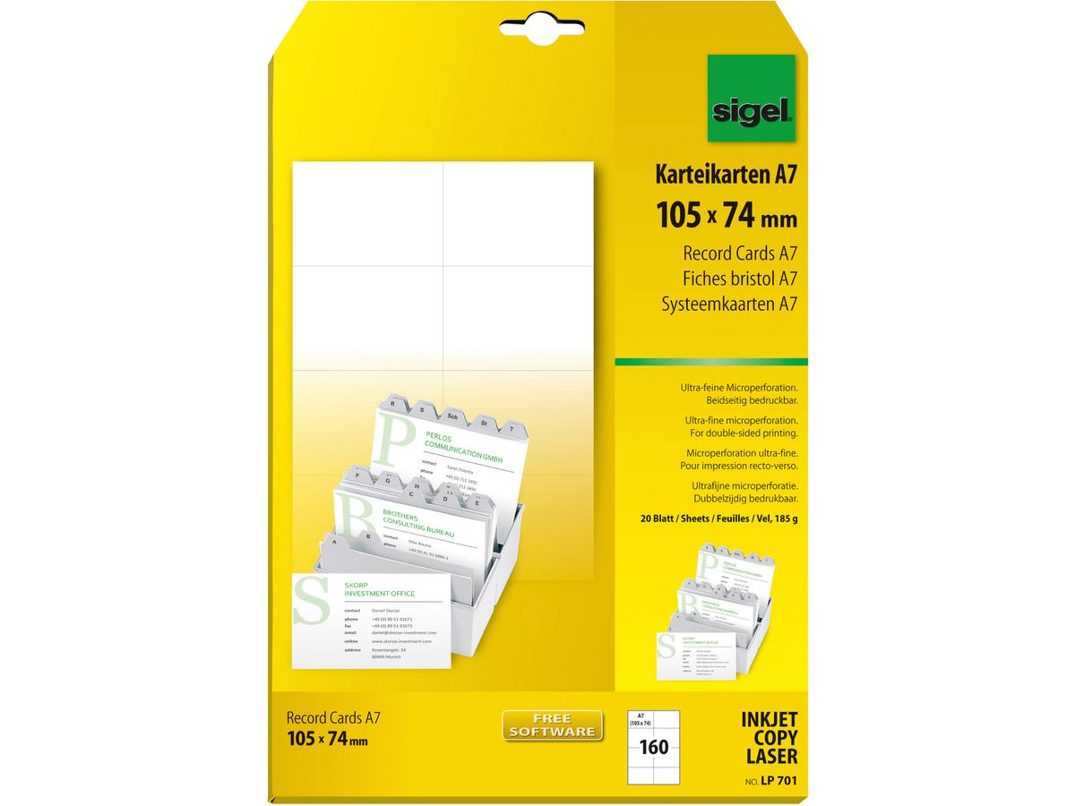 sigel PC-Karteikarten, A7 (A4), weiß, 185 g/qm, MP (EAN: 4004360992339)