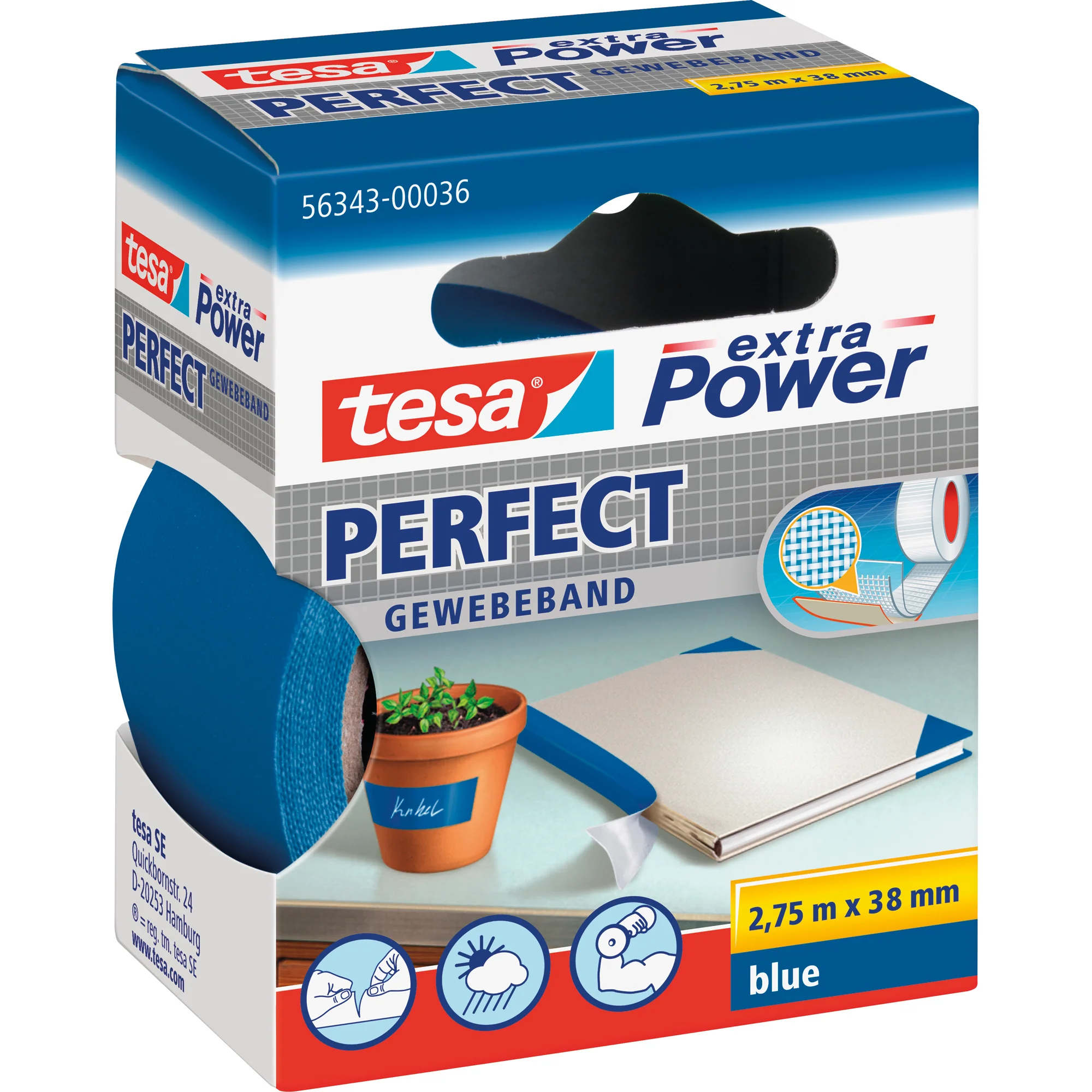 tesa Gewebeband extra Power PERFECT, 38 mm x 2,75 m, blau (EAN: 4042448044198)