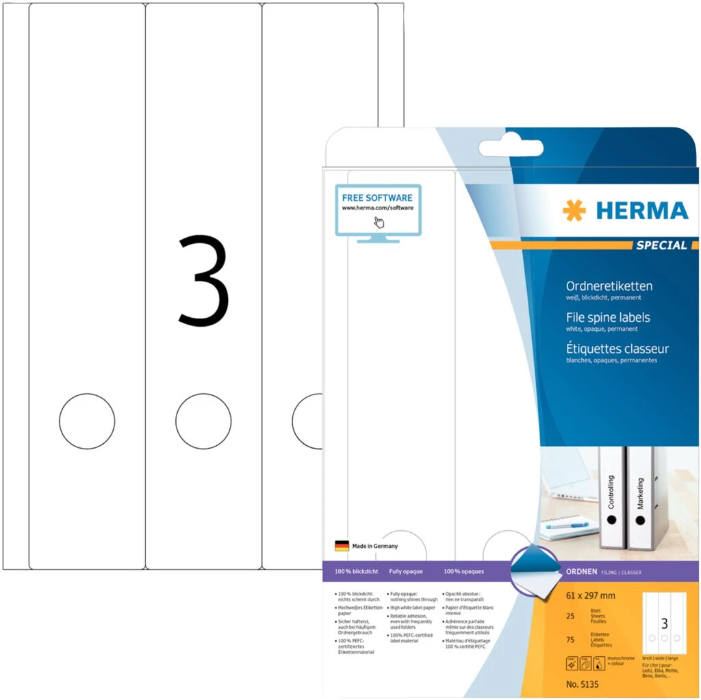 HERMA Ordnerrücken-Etiketten SPECIAL, 61 x 297 mm, weiß (EAN: 4008705051354)