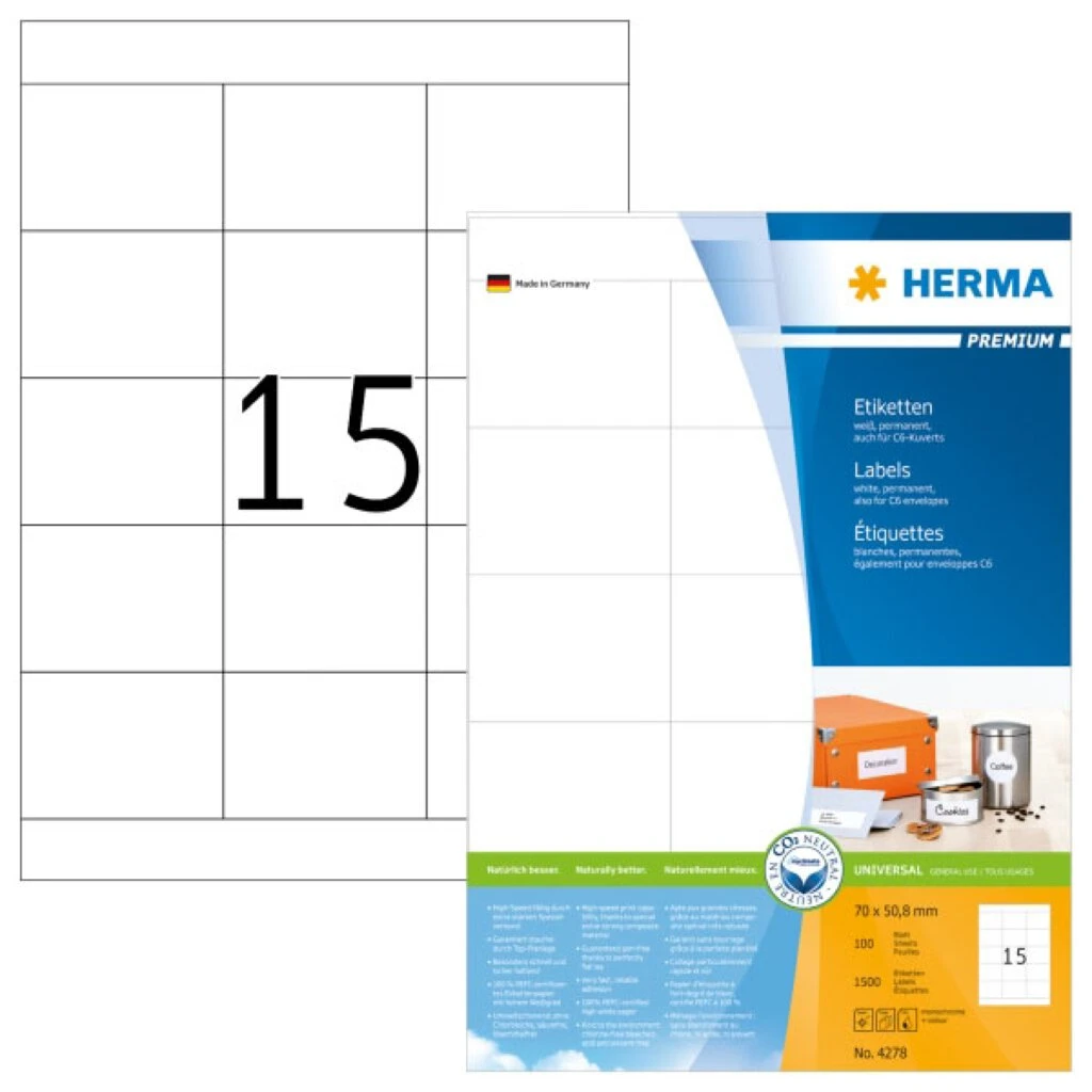 HERMA Universal-Etiketten PREMIUM, 70 x 50,8 mm, weiß (EAN: 4008705042789)
