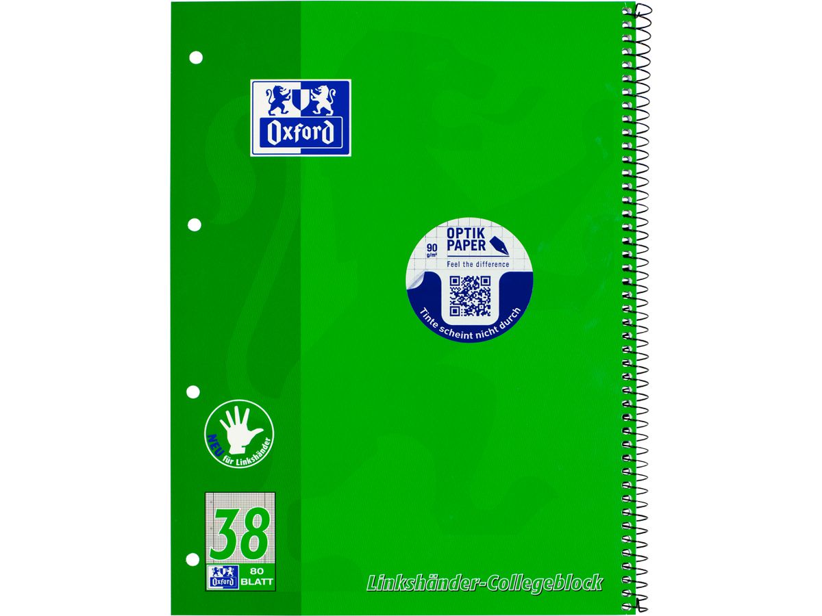 Oxford Linkshänder-Collegeblock, DIN A4+, kariert, 80 Blatt (EAN: 4006144949126)