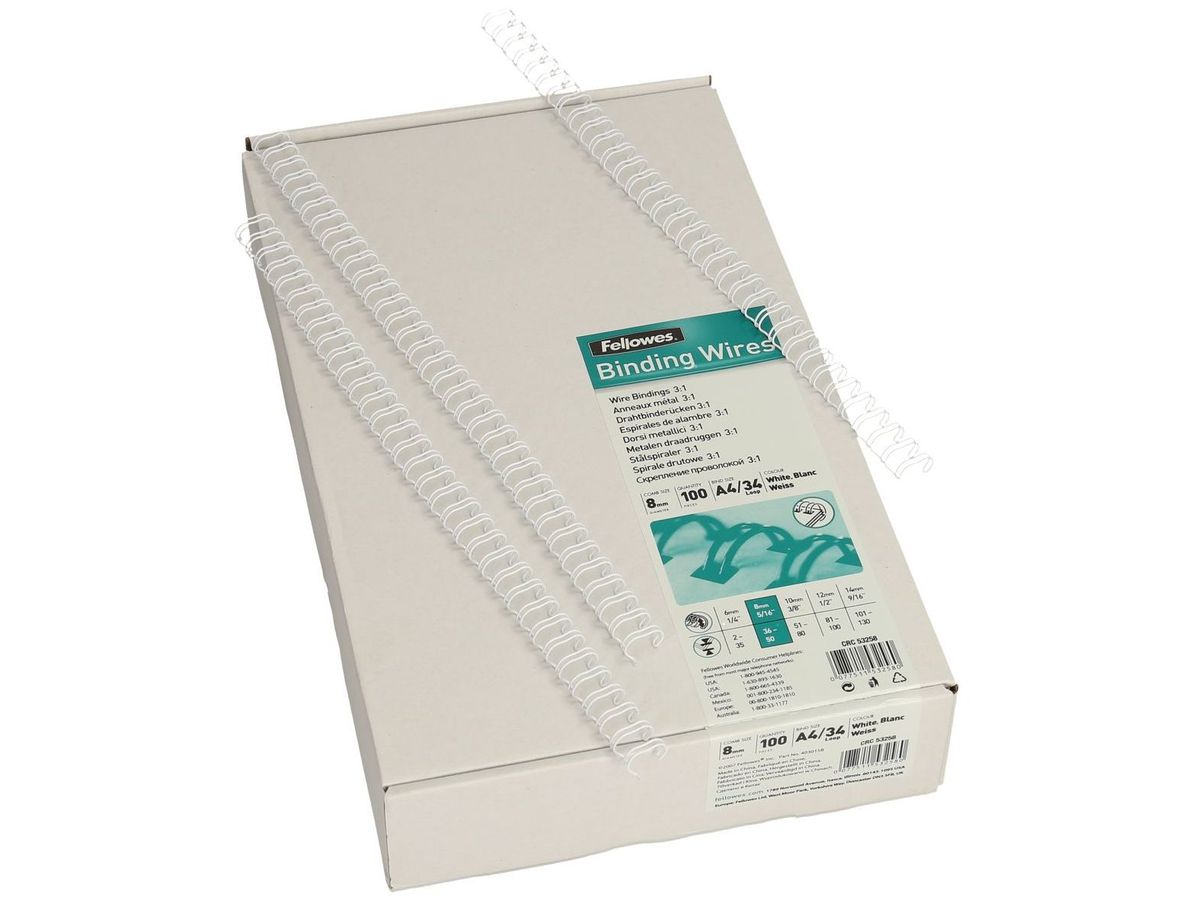 Fellowes Drahtbinderücken, DIN A4, 34 Ringe, 8 mm, weiß (EAN: 0077511532580)