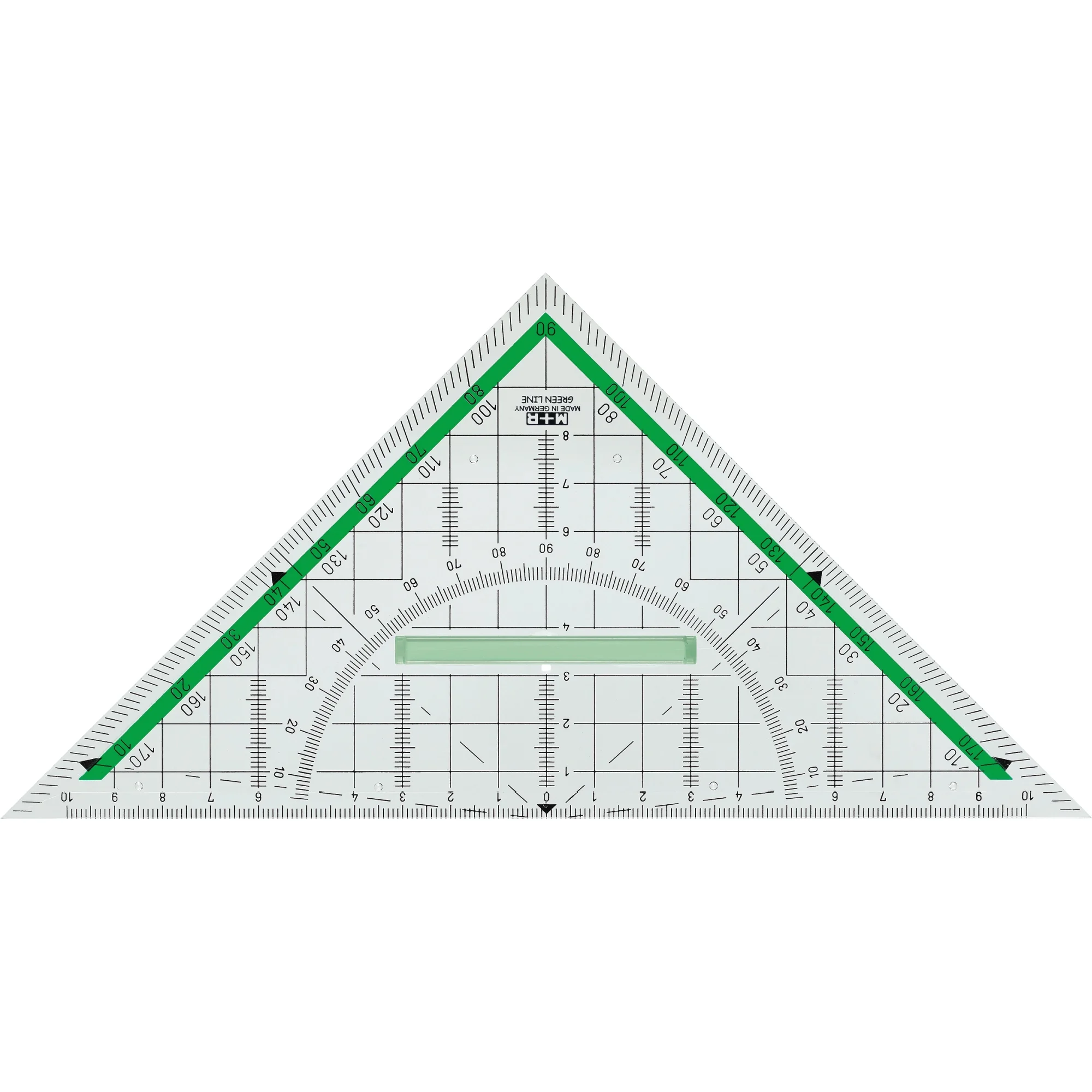 M+R Geometriedreieck "Green Line", Hypotenuse: 230 mm, glasklar, grün hinterlegt (EAN: 4004627394715)