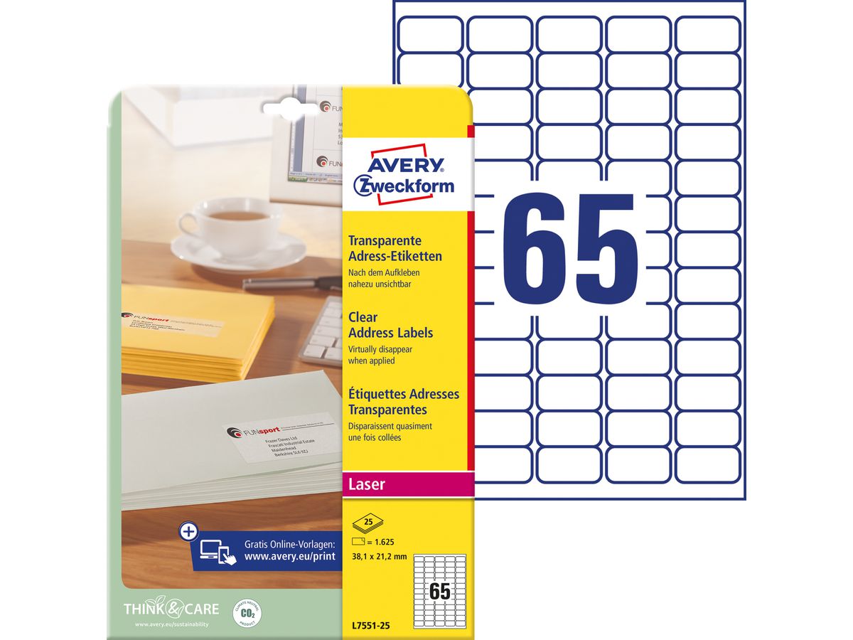 AVERY Zweckform Transparente Adress-Etiketten, 38,1 x 21,2mm (EAN: 4004182967454)
