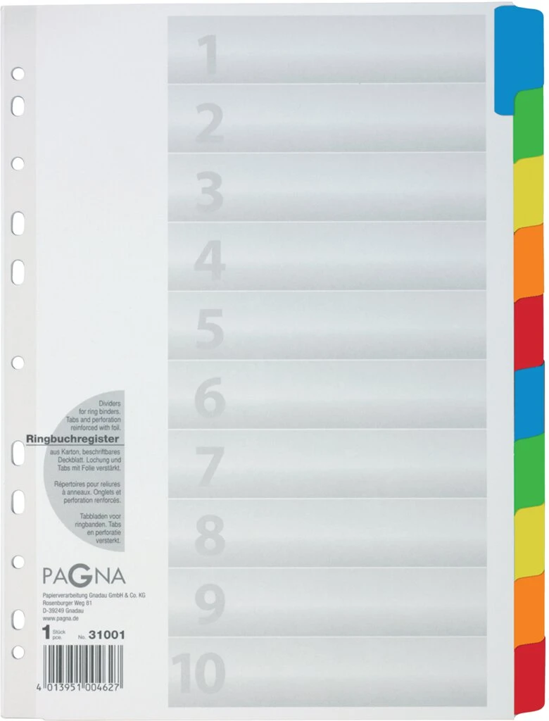 PAGNA Karton-Register, DIN A4, 10-teilig, 5-farbig (EAN: 4013951004627)