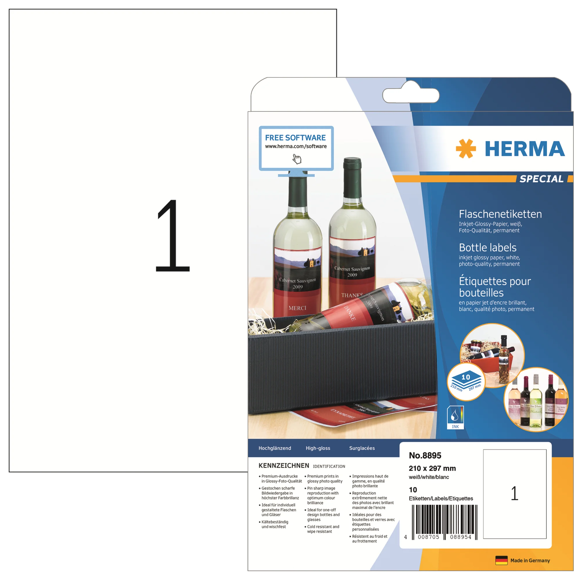 HERMA Hochglänzende Inkjet-Etiketten, 210 x 297 mm, weiß (EAN: 4008705088954)