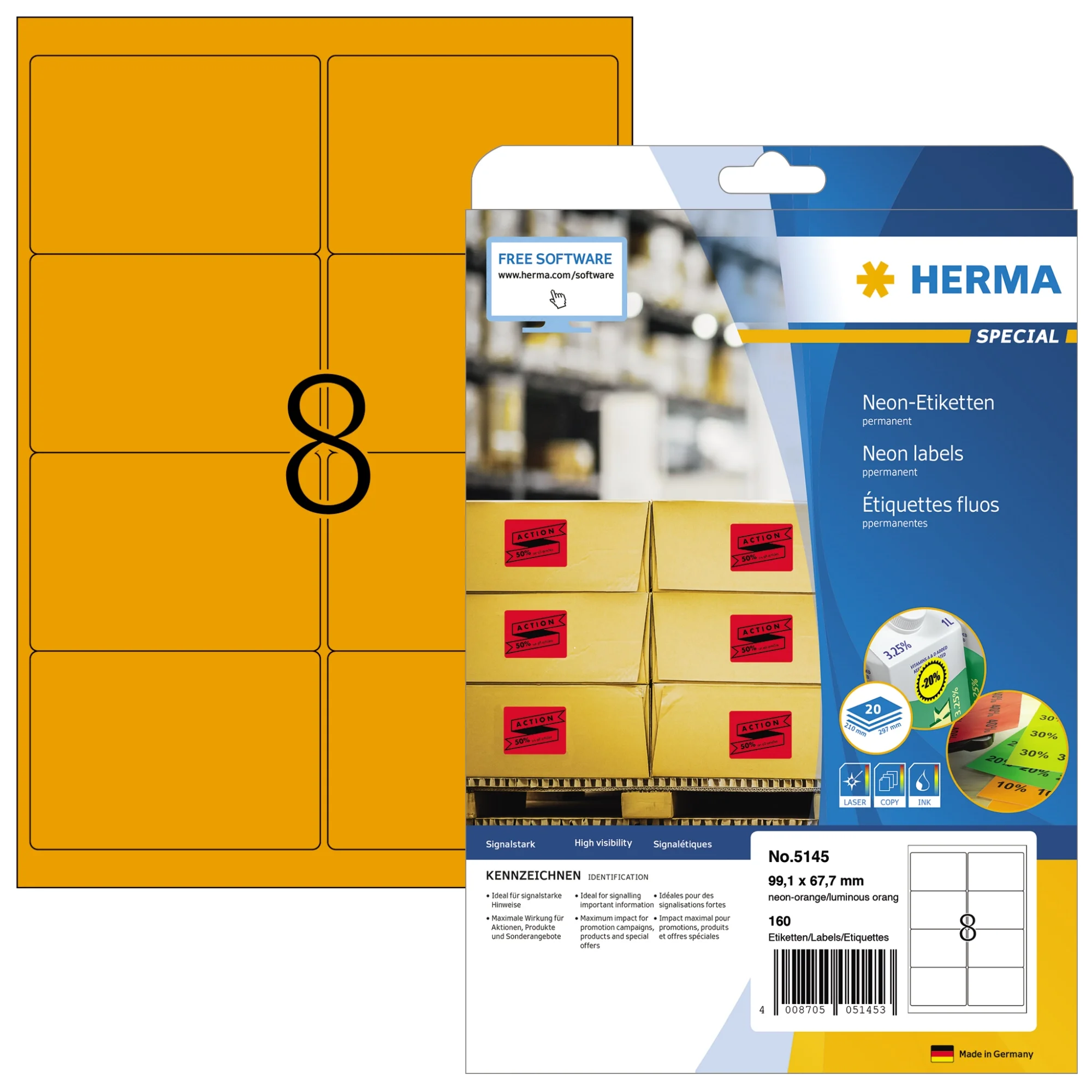HERMA Universal-Etiketten SPECIAL, 99,1 x 67,7 mm, orange (EAN: 4008705051453)