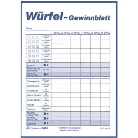 RNK Verlag Würfelspiel-Gewinnblatt, Block, DIN A6, 3er (EAN: 4002871580304)
