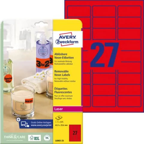 AVERY Zweckform Stick&Lift Etiketten, 63,5 x 29,6 mm, rot (EAN: 4004182608449)