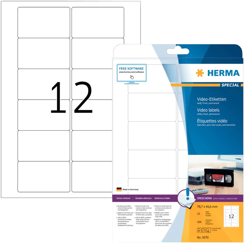 HERMA Video-Etiketten SPECIAL, 78,7 x 46,6 mm, weiß (EAN: 4008705050708)