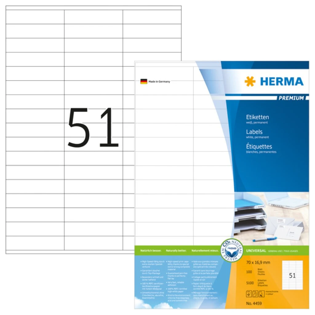 HERMA Universal-Etiketten PREMIUM, 70 x 16,9 mm, weiß (EAN: 4008705044592)