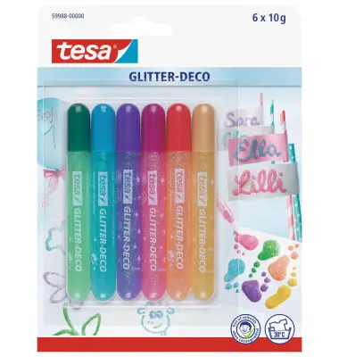 tesa Glitzerkleber "Glitter Deko" Tube, Inhalt: 6 x 10 g, grün, türkis, lila, pink, orange, gold (EAN: 4042448311122)