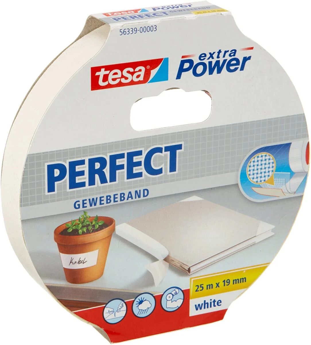 tesa Gewebeband extra power PERFECT, 19 mm x 25 m, weiß (EAN: 4042448044365)