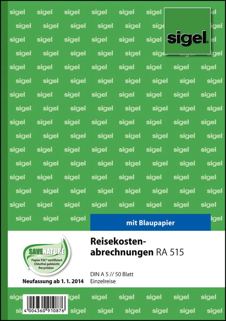 sigel Formularbuch "Reisekostenabrechnung", A5, 50 Blatt (EAN: 4004360910876)