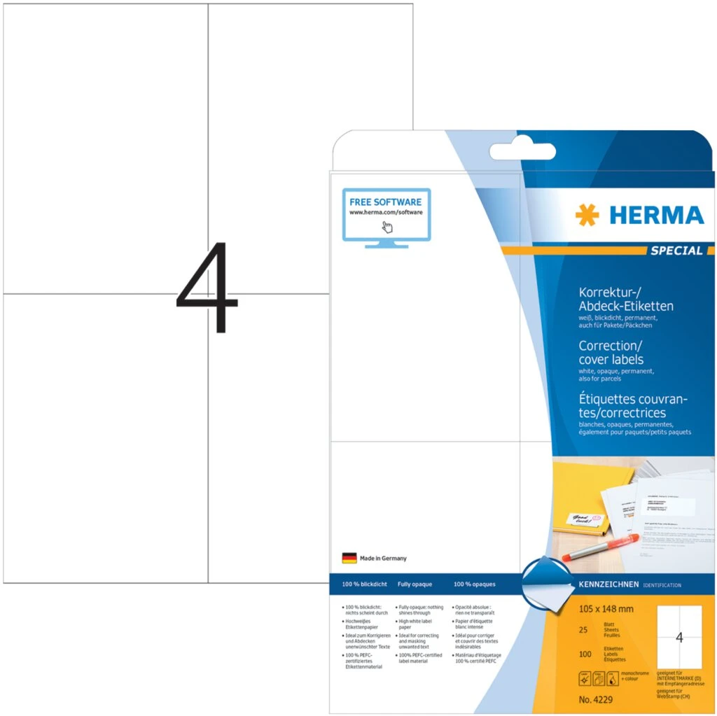 HERMA Korrektur-/Abdeck-Etiketten SPECIAL, 105 x 148 mm, weiß (EAN: 4008705042291)