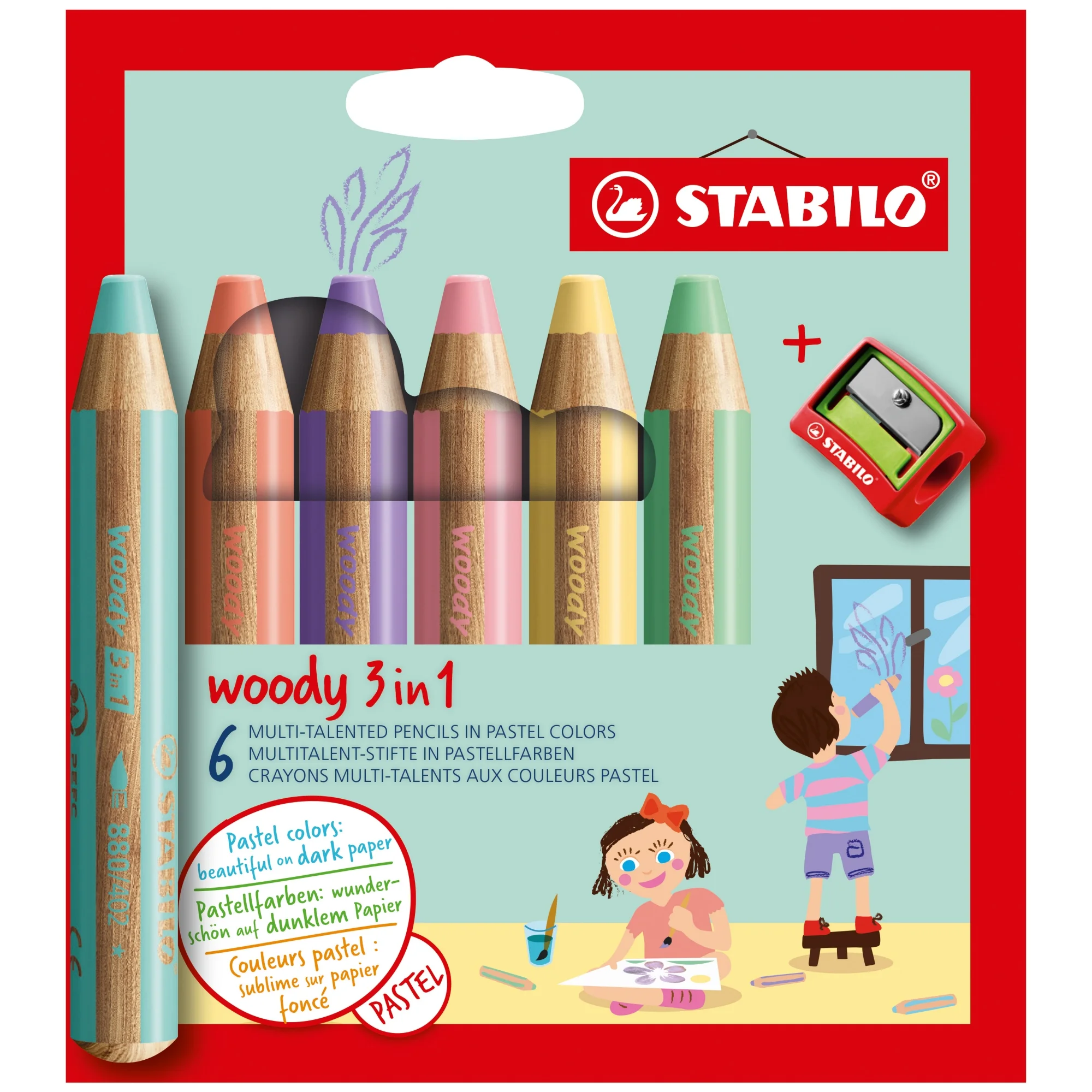 STABILO Multitalentstift woody 3 in 1, 6er Kartonetui, gelb, rot, pink, lila, blau und grün (EAN: 4006381578059)