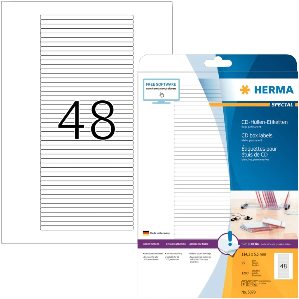 HERMA SPECIAL CD-Cover-Etiketten, 114,3 x 5,5 mm, weiß (EAN: 4008705050784)