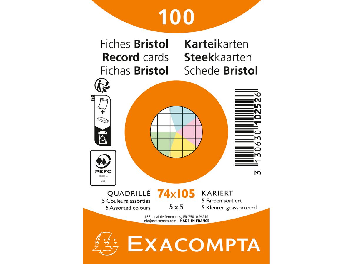 EXACOMPTA Karteikarten, DIN A7, kariert, farbig sortiert (EAN: 3130630102526)