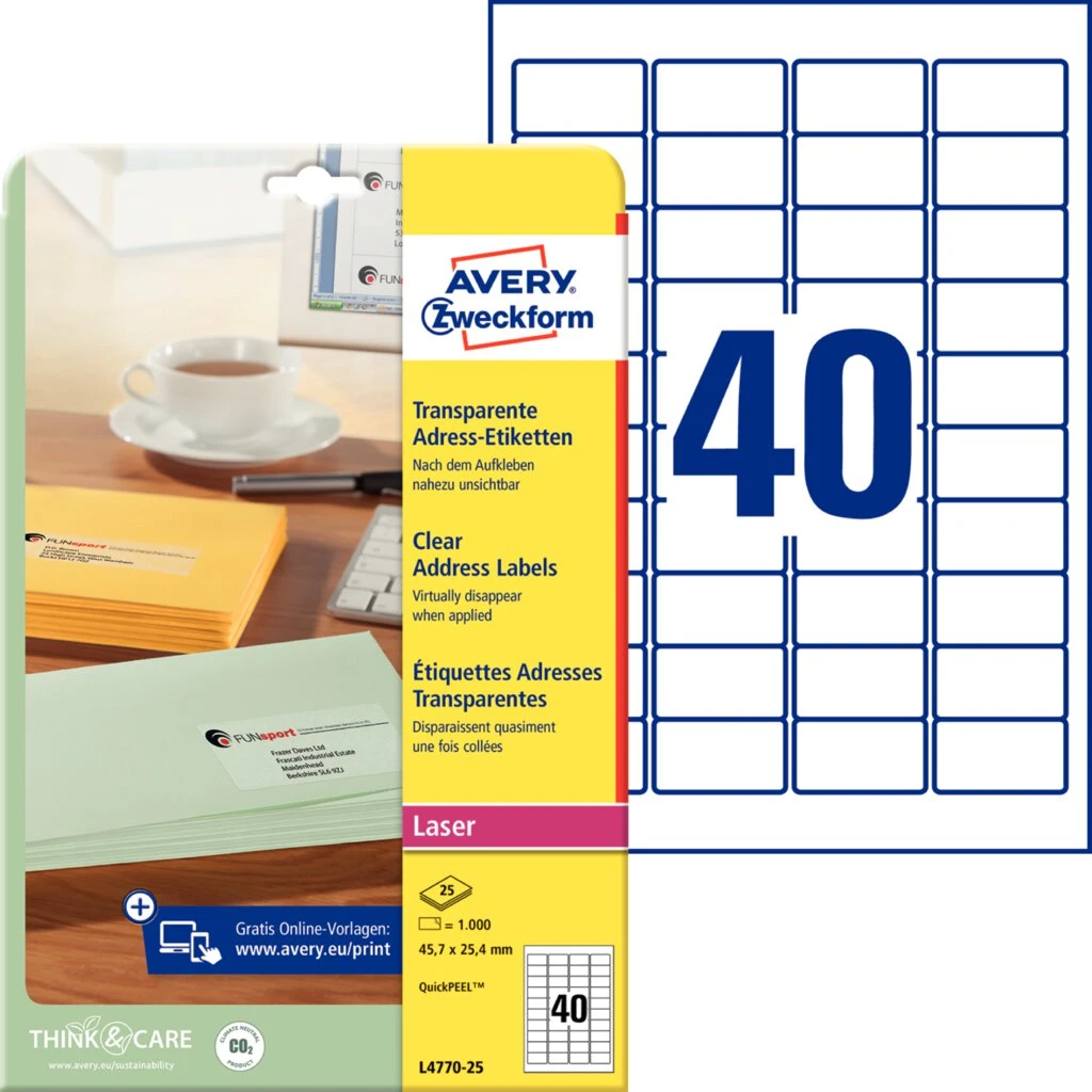 AVERY Zweckform Transparente Adress-Etiketten, 45,7 x 25,4mm (EAN: 4004182047705)
