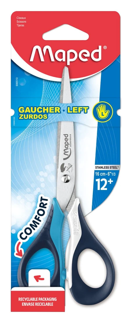 Maped Schere Sensoft 3D, spitz, Länge: 160 mm, Linkshänder, blau/schwarz, pink/schwarz, grün/schwarz (EAN: 3154146965109)